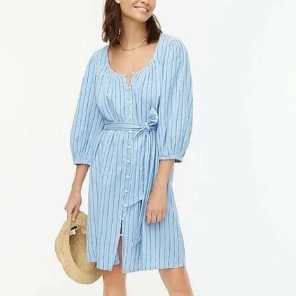 J. CREW blue balloon-sleeve tie-waist cotton dress, Medium.